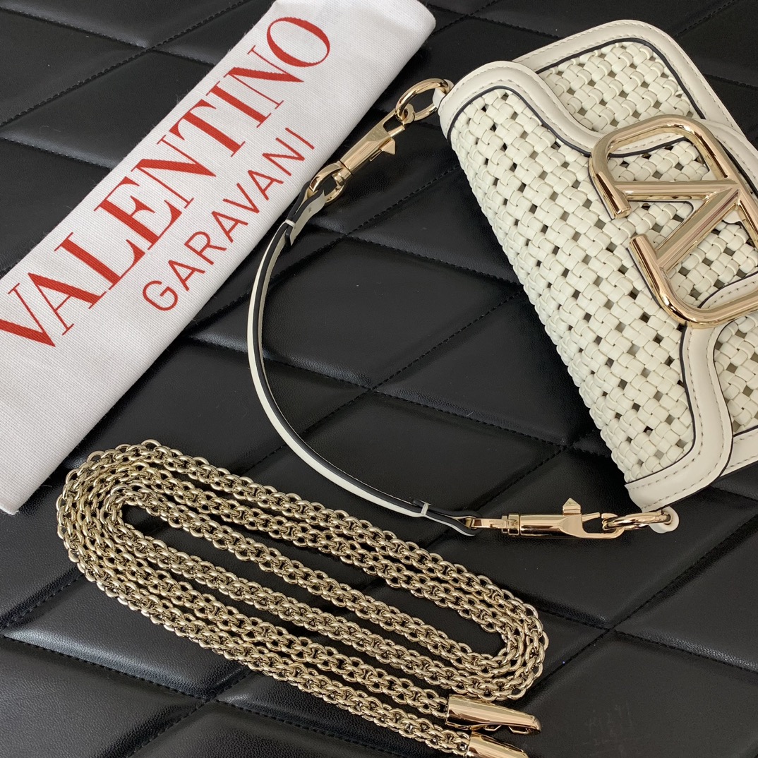 Valentino Garavani Loco Small Shoulder Bag in Ivory Metallic Woven Leather 